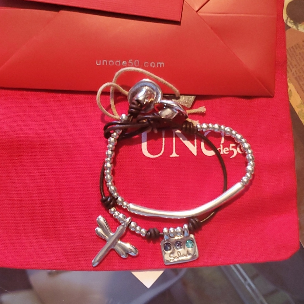 Unode 50 dragonfly duo silver leather ♥ bracelet ♥ 925  gems 💎